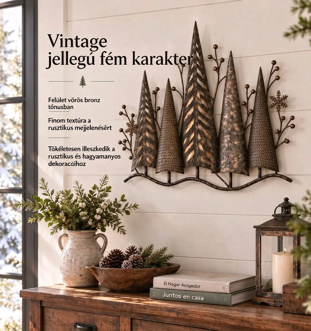 🎄🕯️ Vintage stílusú, erdei motívumos és világítással ellátott fém falidísz 🌙