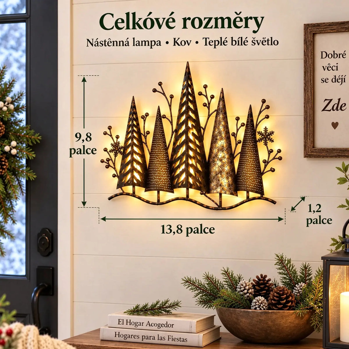 🎄🕯️ Vintage stílusú, erdei motívumos és világítással ellátott fém falidísz 🌙