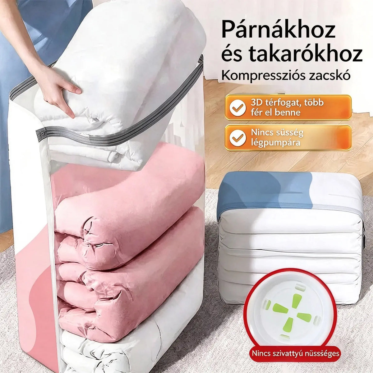 🧳 5 darabos szett mindössze 9500 Ft-ért 💨 Nagyméretű, összenyomható vákuumos tárolótasakok: Nincs szükség pumpára, szivárgásmentes és légmentes, ideális a poggyász és az otthoni tárolóhely megtakarítására ✈️