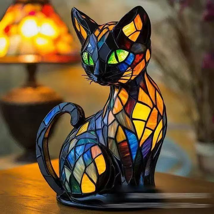 🐱🐶 Műgyanta dísztárgy, LED-es éjszakai fény, művészi alkotás, állatfigura, kreatív dekoráció irodába vagy otthonra, kapcsoló USB-porttal