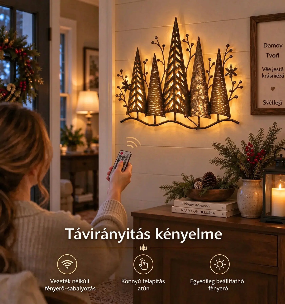 🎄🕯️ Vintage stílusú, erdei motívumos és világítással ellátott fém falidísz 🌙