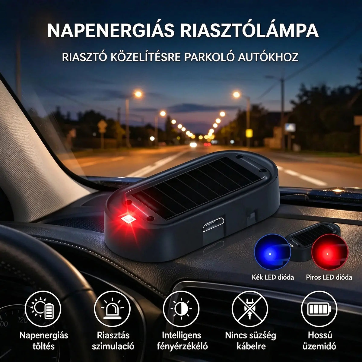 1 db 7500 Ft 🎁🚗💥 Kompakt lopásgátló LED figyelmeztető lámpa, napelemes