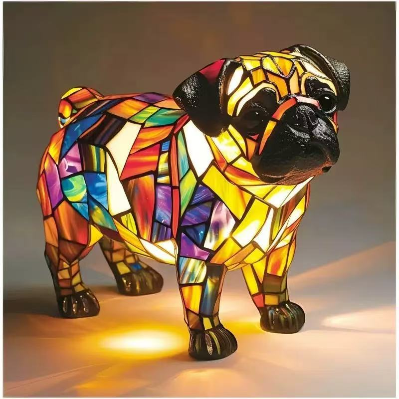 🐱🐶 Műgyanta dísztárgy, LED-es éjszakai fény, művészi alkotás, állatfigura, kreatív dekoráció irodába vagy otthonra, kapcsoló USB-porttal