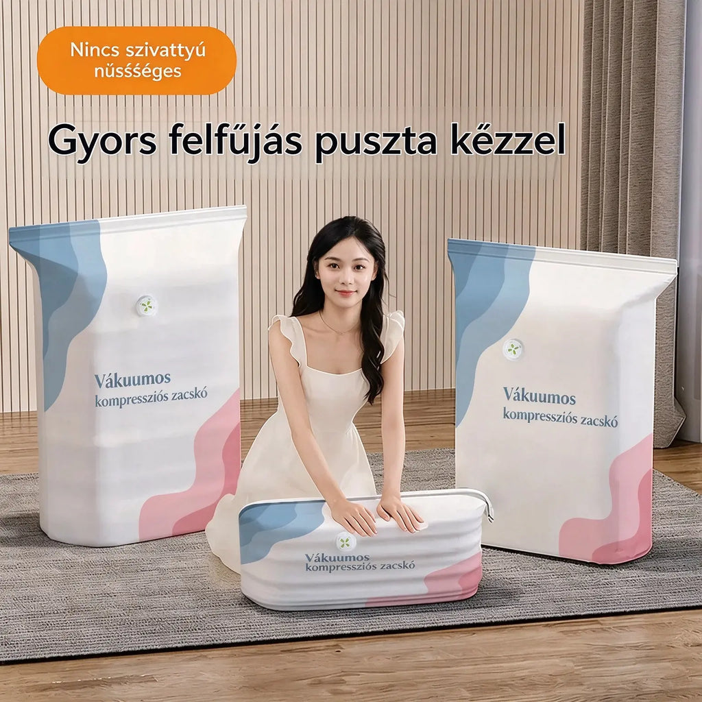🧳 5 darabos szett mindössze 9500 Ft-ért 💨 Nagyméretű, összenyomható vákuumos tárolótasakok: Nincs szükség pumpára, szivárgásmentes és légmentes, ideális a poggyász és az otthoni tárolóhely megtakarítására ✈️