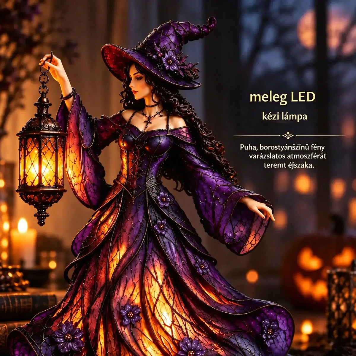 🧙‍♀️ Gótikus halloweeni boszorkányfigura LED-es lámpással 🧙‍♀️