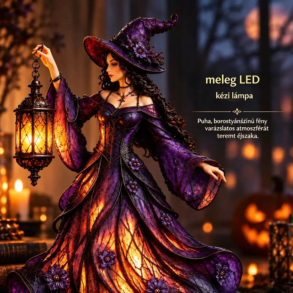 🧙‍♀️ Gótikus halloweeni boszorkányfigura LED-es lámpással 🧙‍♀️