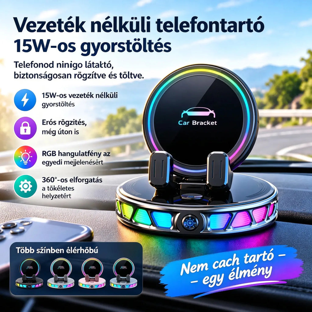 📱 RGB autós tartó automatikus rögzítéssel és 15 W-os vezeték nélküli töltéssel