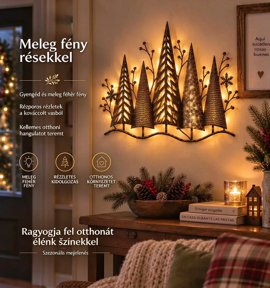 🎄🕯️ Vintage stílusú, erdei motívumos és világítással ellátott fém falidísz 🌙