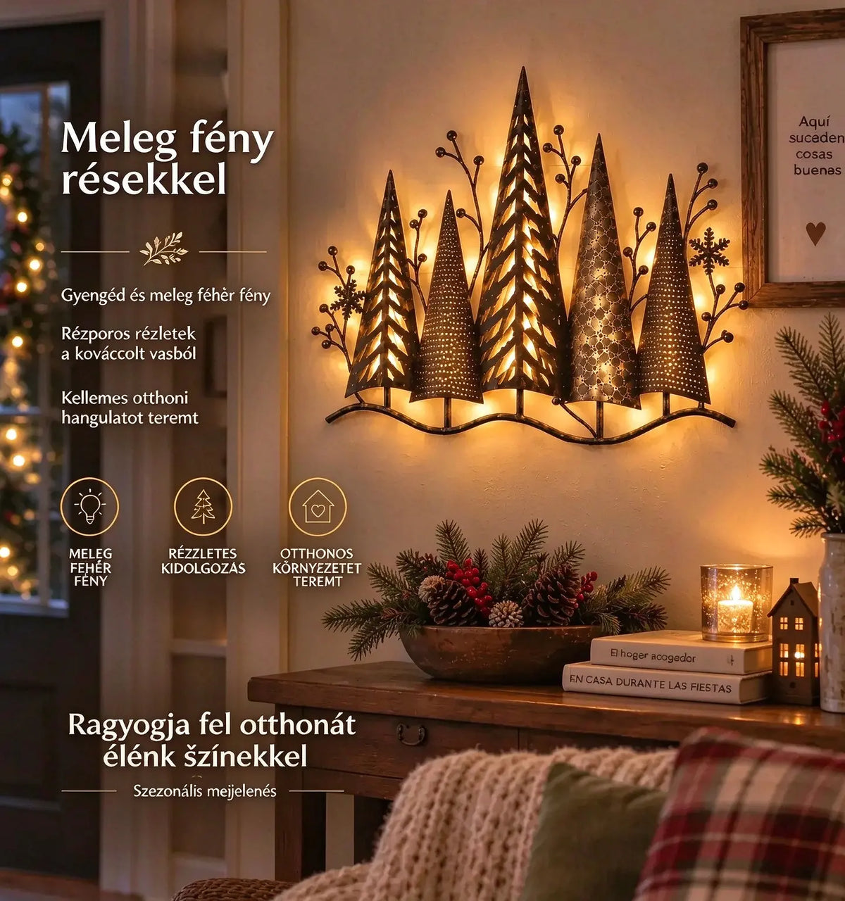 🎄🕯️ Vintage stílusú, erdei motívumos és világítással ellátott fém falidísz 🌙