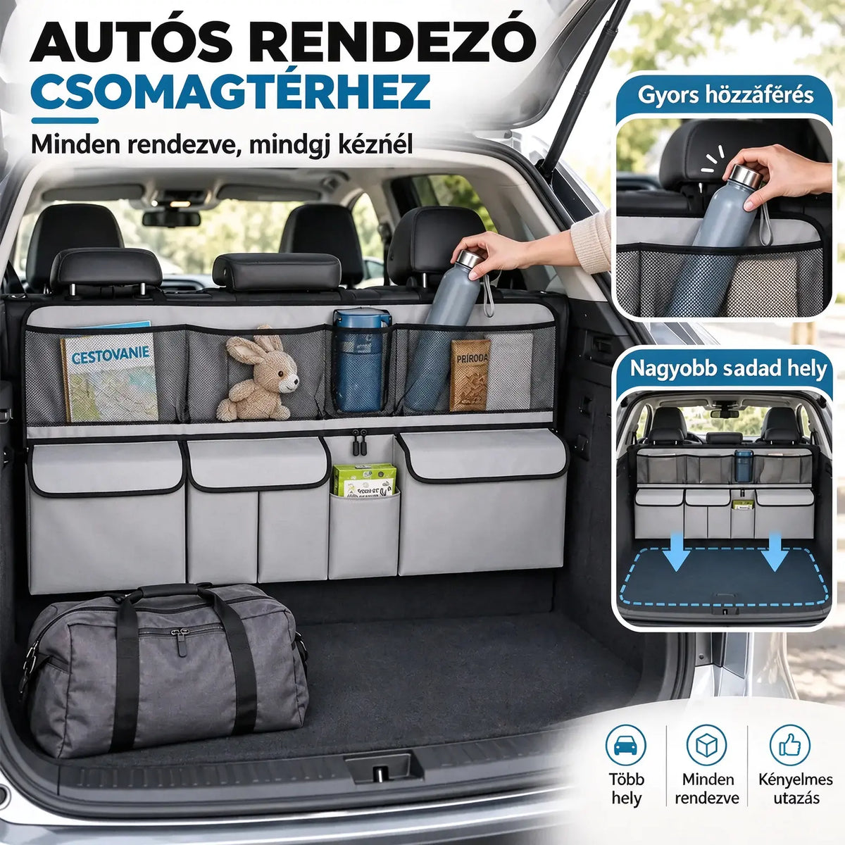 🚗📦 Függeszthető csomagtartó-rendszerező – mérete 105 x 51 cm, helyet szabadít fel a csomagtartó alján, kompatibilis SUV-okkal és családi autókkal, fekete és szürke színben kapható.