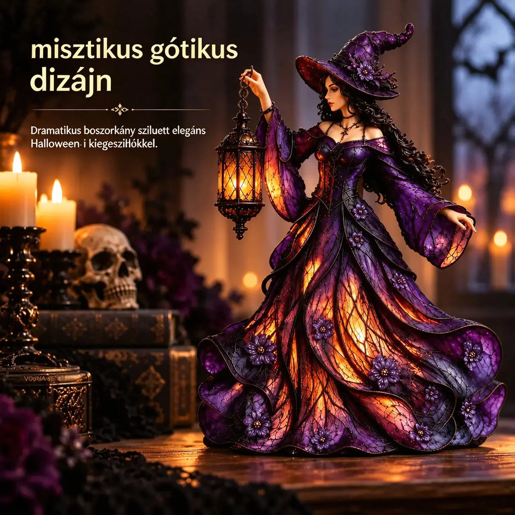 🧙‍♀️ Gótikus halloweeni boszorkányfigura LED-es lámpással 🧙‍♀️