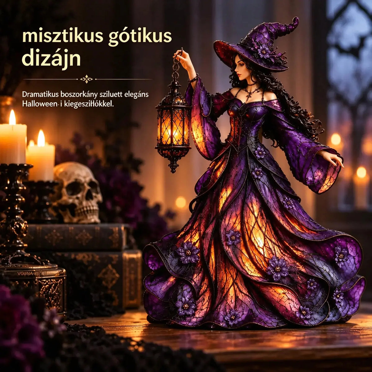 🧙‍♀️ Gótikus halloweeni boszorkányfigura LED-es lámpással 🧙‍♀️