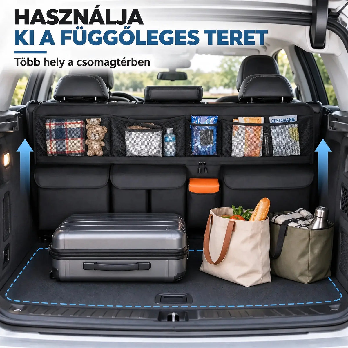 🚗📦 Függeszthető csomagtartó-rendszerező – mérete 105 x 51 cm, helyet szabadít fel a csomagtartó alján, kompatibilis SUV-okkal és családi autókkal, fekete és szürke színben kapható.