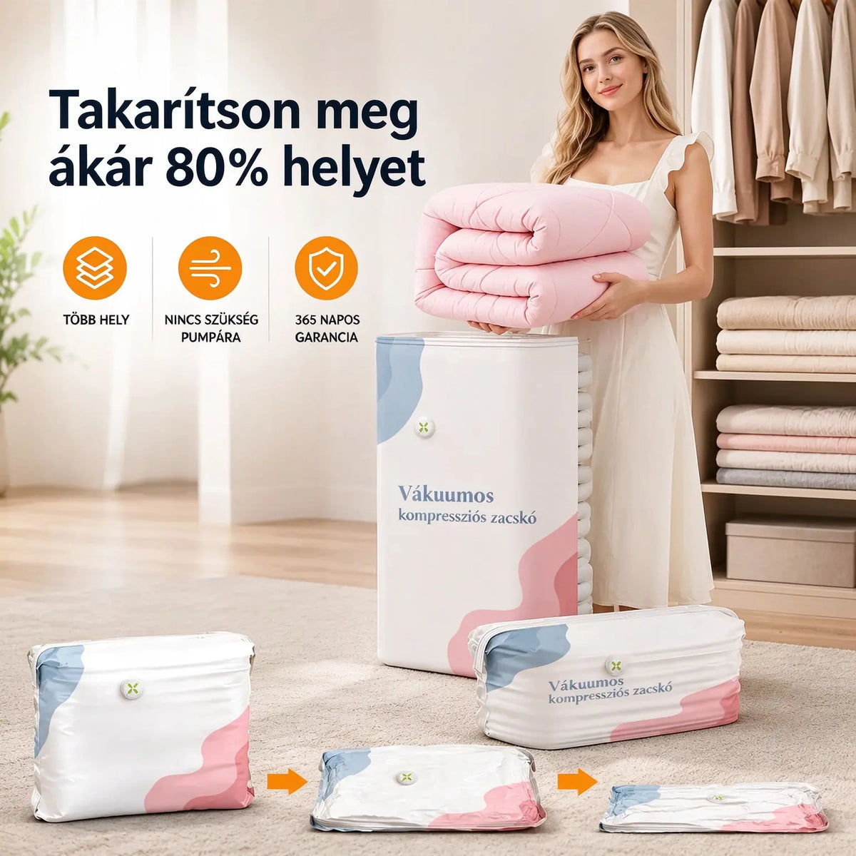 🧳 5 darabos szett mindössze 9500 Ft-ért 💨 Nagyméretű, összenyomható vákuumos tárolótasakok: Nincs szükség pumpára, szivárgásmentes és légmentes, ideális a poggyász és az otthoni tárolóhely megtakarítására ✈️