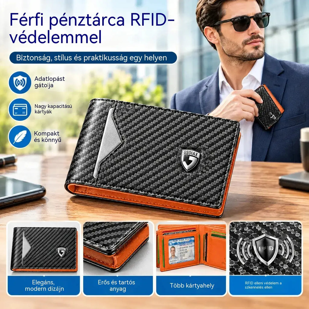 Stílusos, hordozható, RFID-árnyékolt, lopásgátlós férfi pénztárca