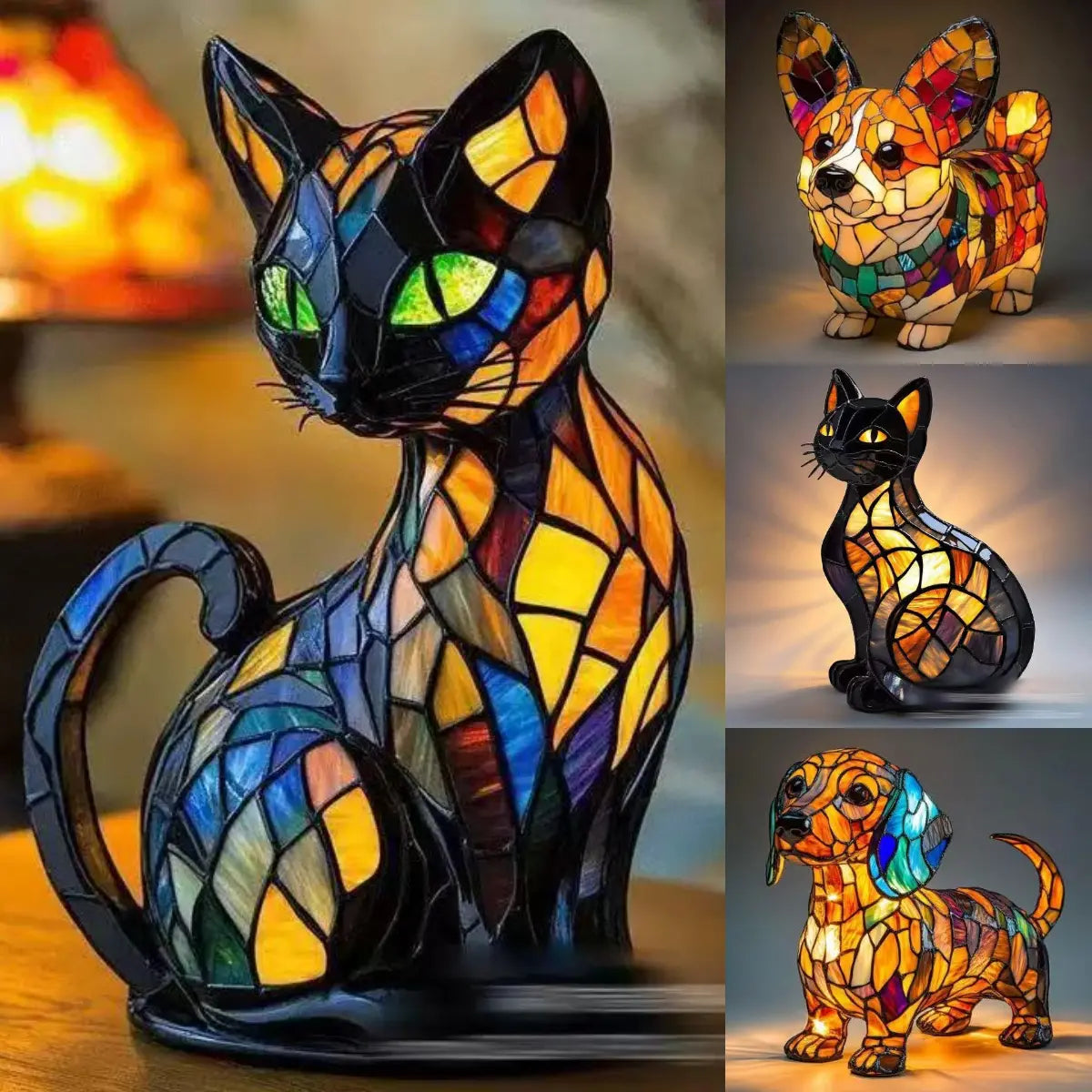 🐱🐶 Műgyanta dísztárgy, LED-es éjszakai fény, művészi alkotás, állatfigura, kreatív dekoráció irodába vagy otthonra, kapcsoló USB-porttal