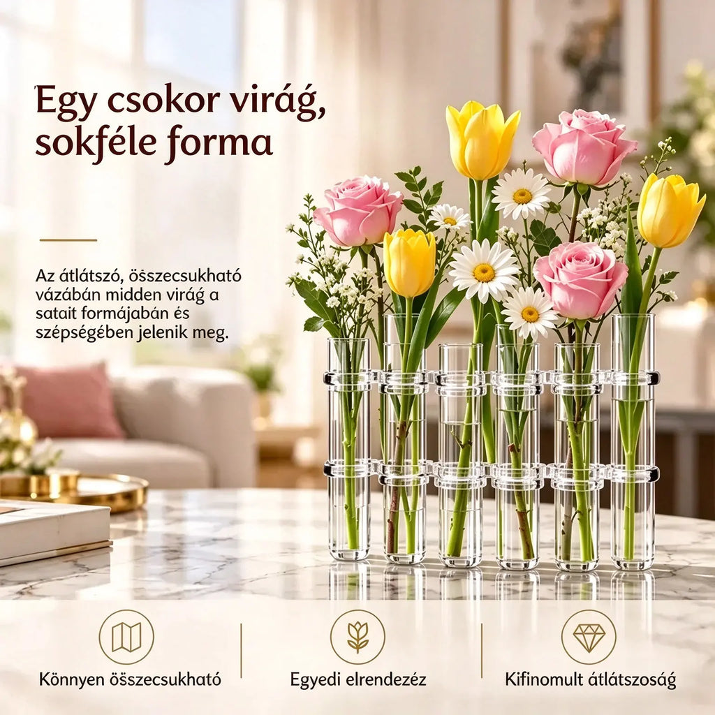6 virág kombinációja, ára 9600 Ft 💐 Lombik alakú üvegváza