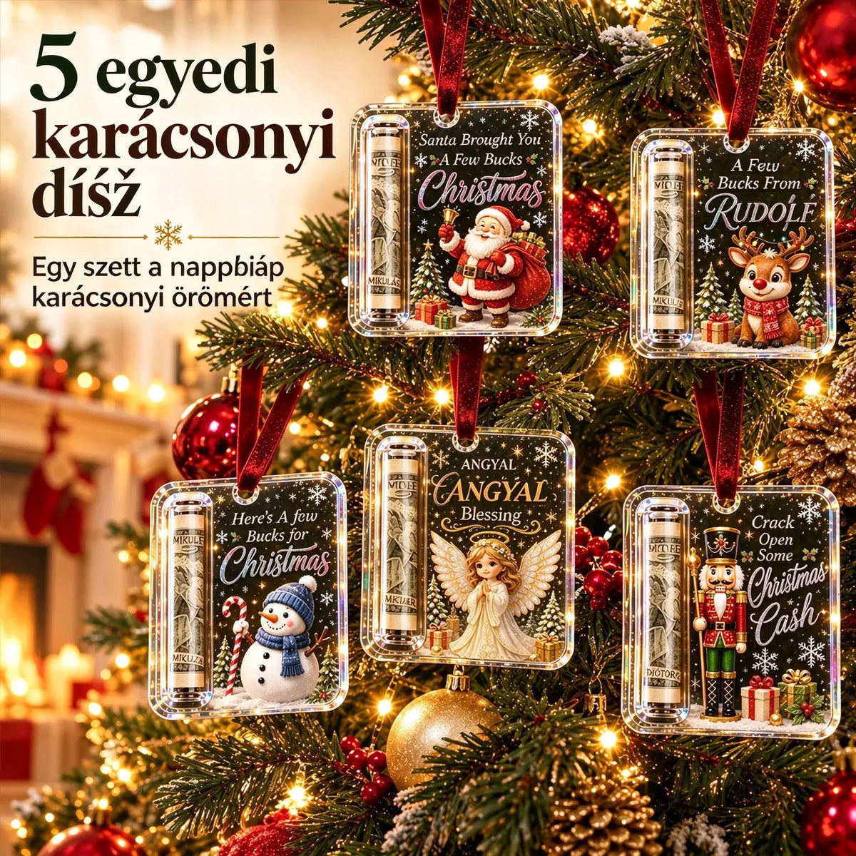 5 darabos csomag, ára 8500 Ft 🎄 Karácsonyi ajándékdoboz készpénzhez ✨ Karácsonyfadísz, amiben bankjegyek rejthetők – kreatív és meglepő ünnepi ajándék.