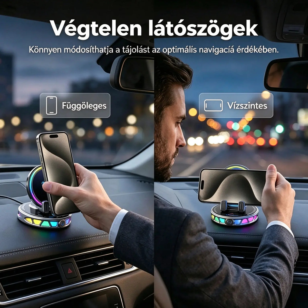 📱 RGB autós tartó automatikus rögzítéssel és 15 W-os vezeték nélküli töltéssel