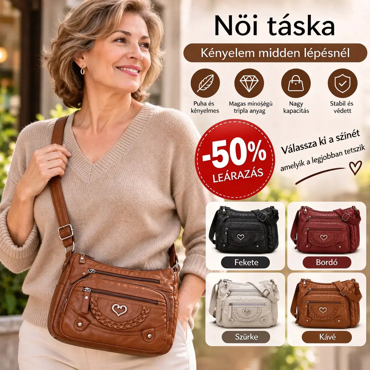 Modern, vintage stílusú női keresztpántos táska – puha műbőr (PU) anyag – többrekeszes kialakítás, nagy kapacitás