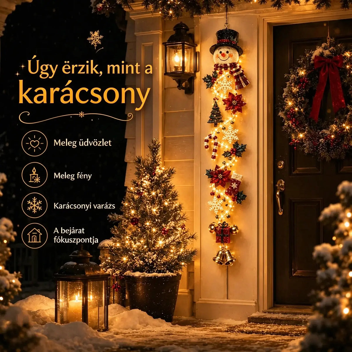 🎄 MerryCascade világító karácsonyi ajtódíszek | 6 ünnepi minta, meleg fény, 3D részletek és helytakarékos, függőleges kialakítás ✨