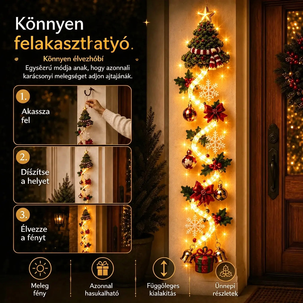 🎄 MerryCascade világító karácsonyi ajtódíszek | 6 ünnepi minta, meleg fény, 3D részletek és helytakarékos, függőleges kialakítás ✨