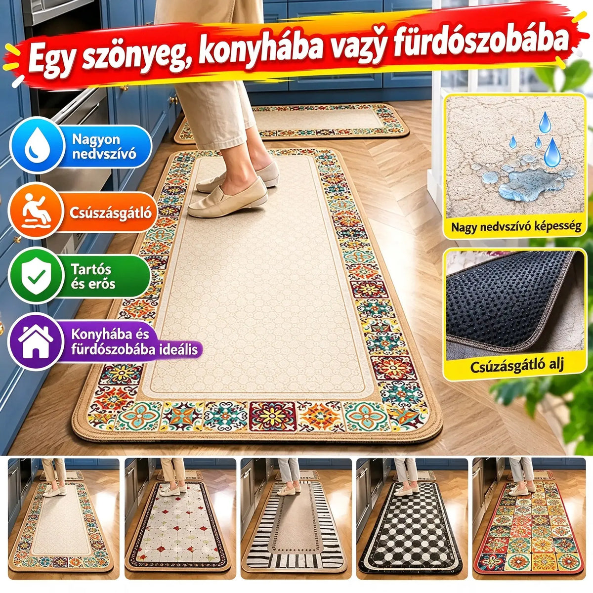 🔥【Vásárolj 1-et, 1-et ajándékba kapsz】🔥【Úgy fogy, mint a cukor】💦Csúszásgátló és nagy nedvszívó képességű szőnyegek konyhába és fürdőszobába
