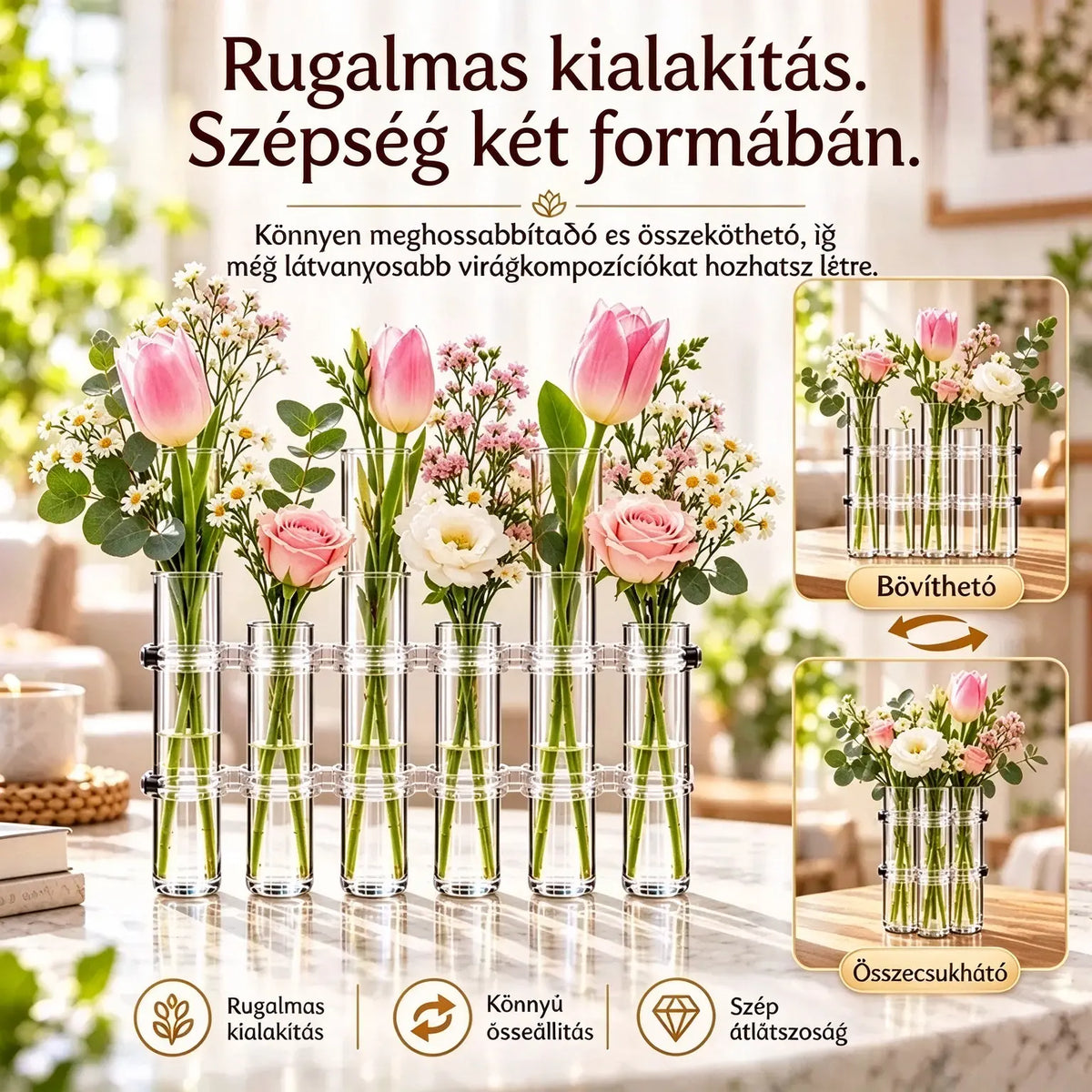 6 virág kombinációja, ára 9600 Ft 💐 Lombik alakú üvegváza