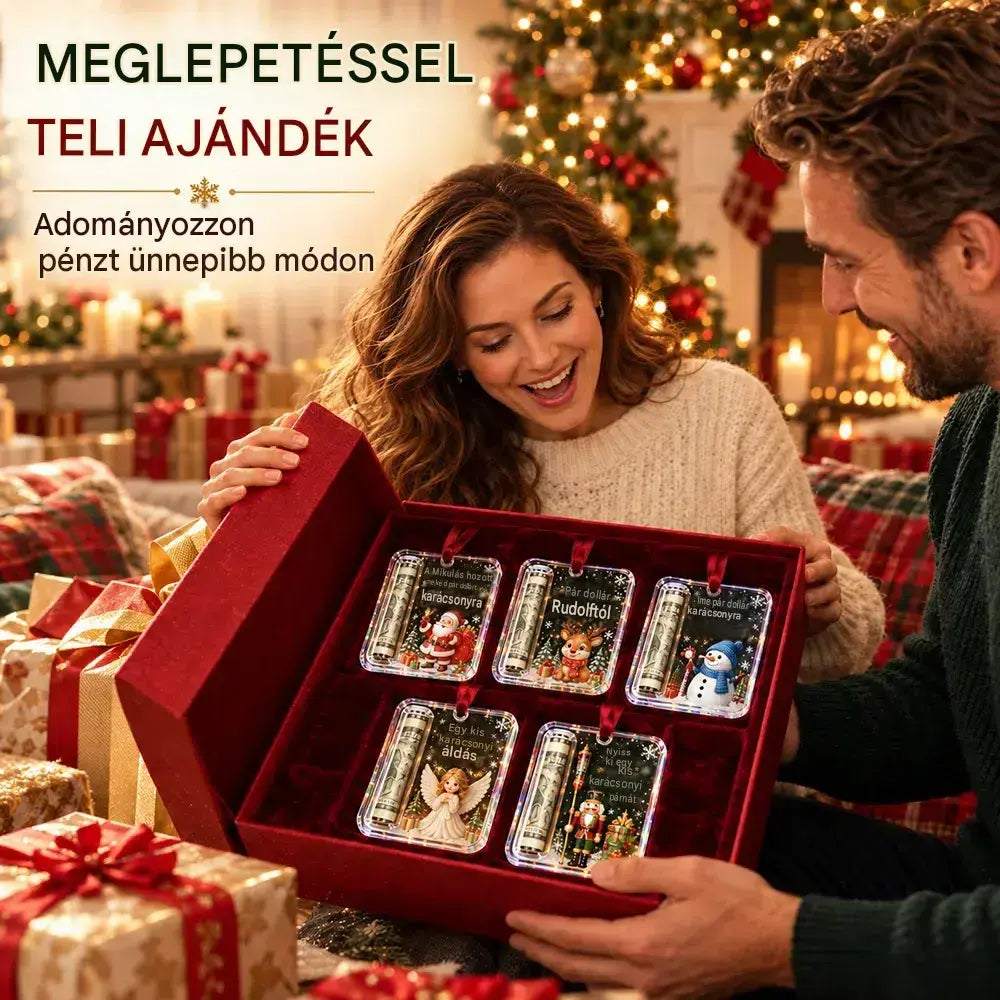 🔥5 darab 8000 Ft🎄 Karácsonyi pénzdísz ✨ Bankjegyeket rejtő karácsonyfadísz - kreatív és meglepő ünnepi ajándék.