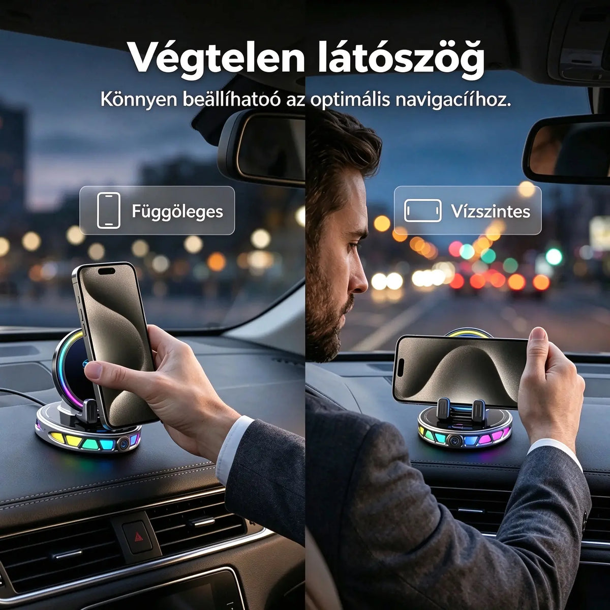 📱 RGB autós tartó automatikus rögzítéssel és 15 W-os vezeték nélküli töltéssel