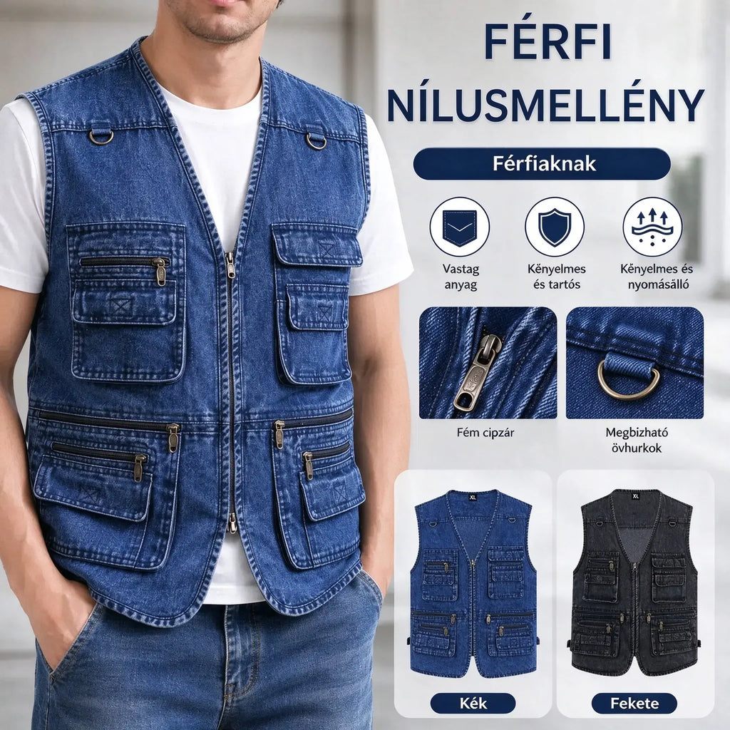 【XL-7XL】2026-os férfi farmer mellény, több zsebbel