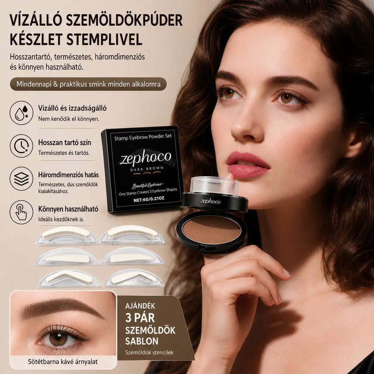 💆‍♀️Szemöldökpúder és bélyegző készlet💖három pár szemöldök alakú bélyegzőt tartalmaz.