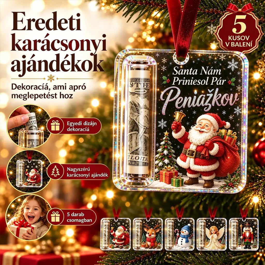 5 darabos csomag, ára 8500 Ft 🎄 Karácsonyi ajándékdoboz készpénzhez ✨ Karácsonyfadísz, amiben bankjegyek rejthetők – kreatív és meglepő ünnepi ajándék.