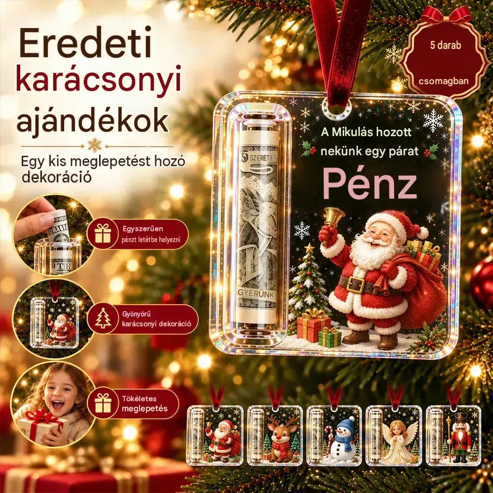 🔥5 darab 8000 Ft🎄 Karácsonyi pénzdísz ✨ Bankjegyeket rejtő karácsonyfadísz - kreatív és meglepő ünnepi ajándék.