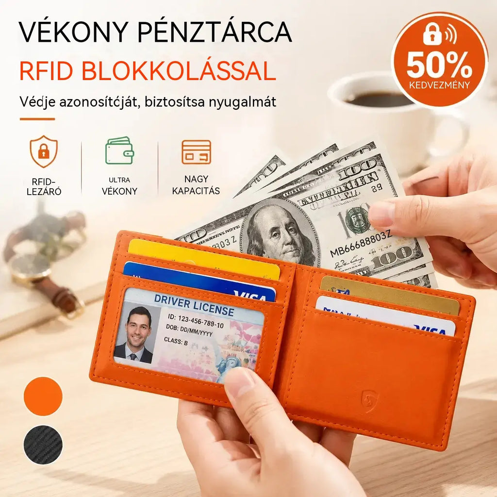 Stílusos, hordozható, RFID-árnyékolt, lopásgátlós férfi pénztárca