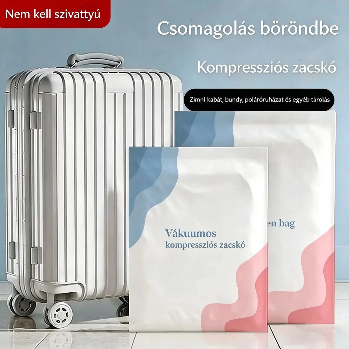 🧳 5 darabos szett mindössze 9500 Ft-ért 💨 Nagyméretű, összenyomható vákuumos tárolótasakok: Nincs szükség pumpára, szivárgásmentes és légmentes, ideális a poggyász és az otthoni tárolóhely megtakarítására ✈️