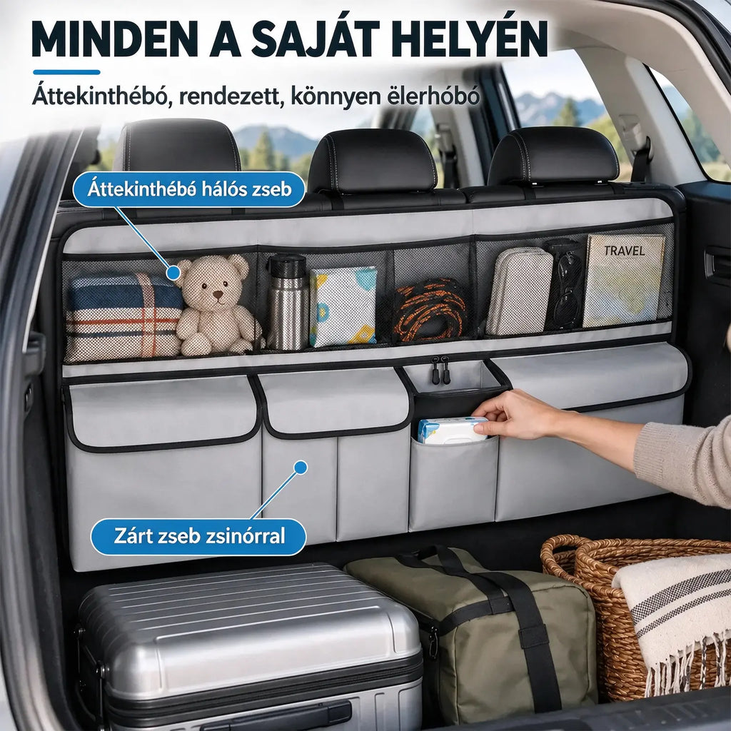 🚗📦 Függeszthető csomagtartó-rendszerező – mérete 105 x 51 cm, helyet szabadít fel a csomagtartó alján, kompatibilis SUV-okkal és családi autókkal, fekete és szürke színben kapható.