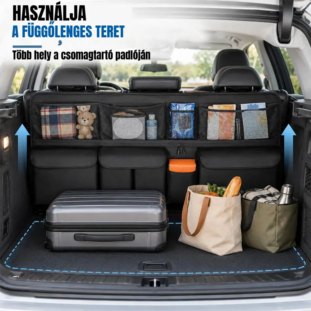 🚗 Függő autós csomagtartó-rendező – Szabadítsd fel a csomagtartó padlóját, és tarts mindent rendben! ✨📦