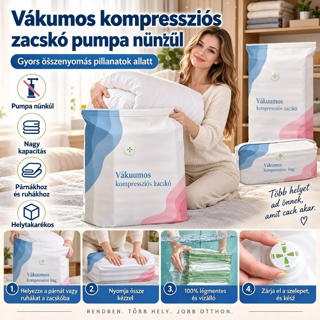 🧳 5 darabos szett mindössze 9500 Ft-ért 💨 Nagyméretű, összenyomható vákuumos tárolótasakok: Nincs szükség pumpára, szivárgásmentes és légmentes, ideális a poggyász és az otthoni tárolóhely megtakarítására ✈️