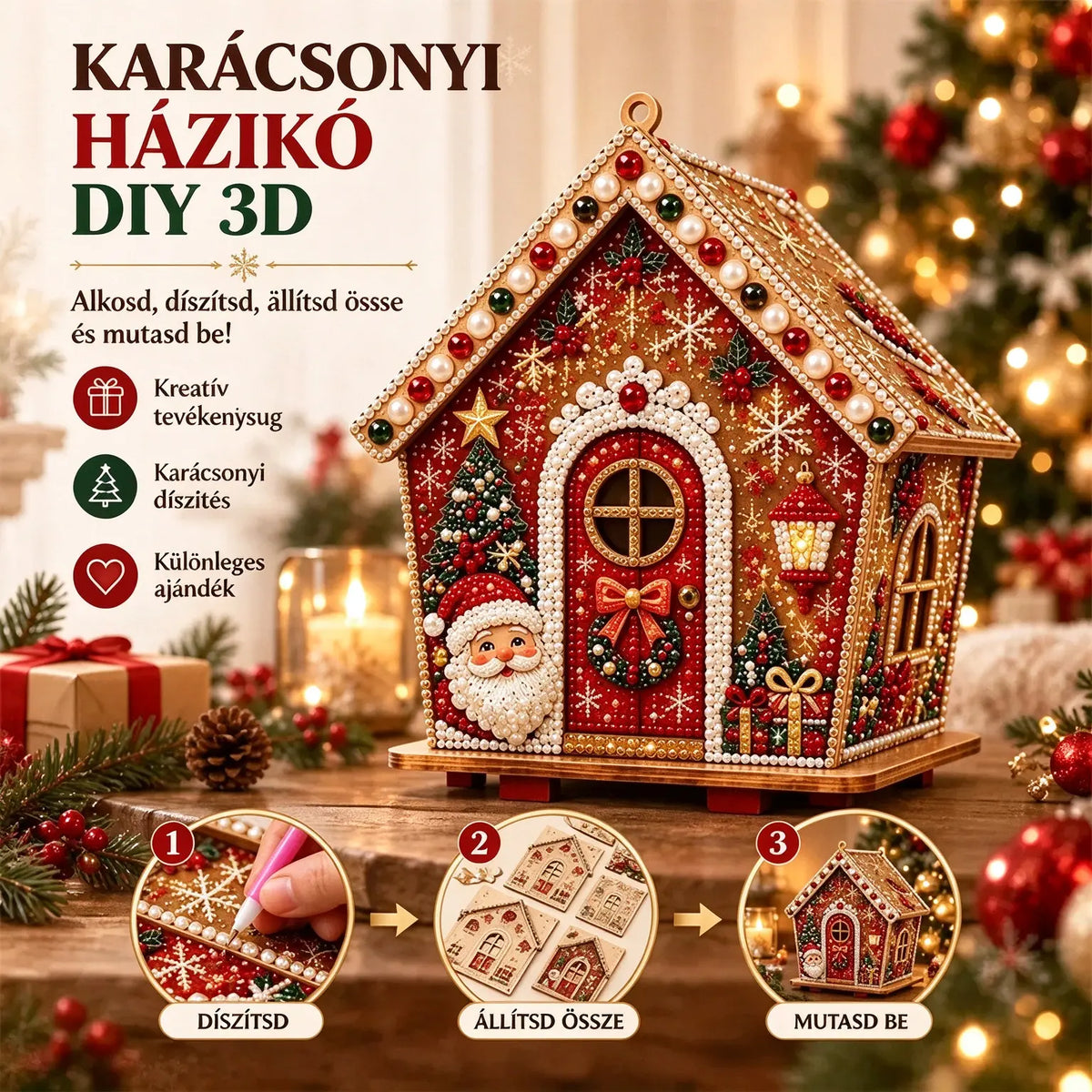 🎄🏠 3D fa karácsonyi házikó-készlet | Családi barkácsprojekt: összeállítható és díszíthető karácsonyi dísz