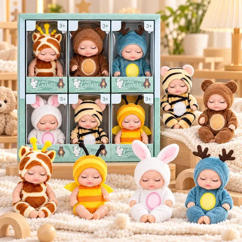 👶 Reborn baba ajándékszett – Állatjelmezekbe öltöztetve! Imádnivaló, alvó babaarcok · 6 babából álló készlet díszdobozban · Tökéletes ajándék gyerekeknek!